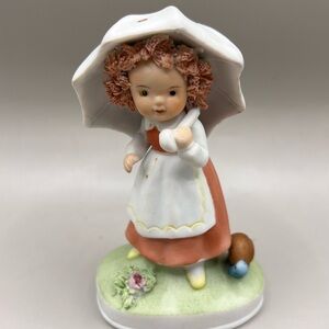 Vintage Ceramic Girl Figurine with Umbrella and Snail 4” Made in Korea